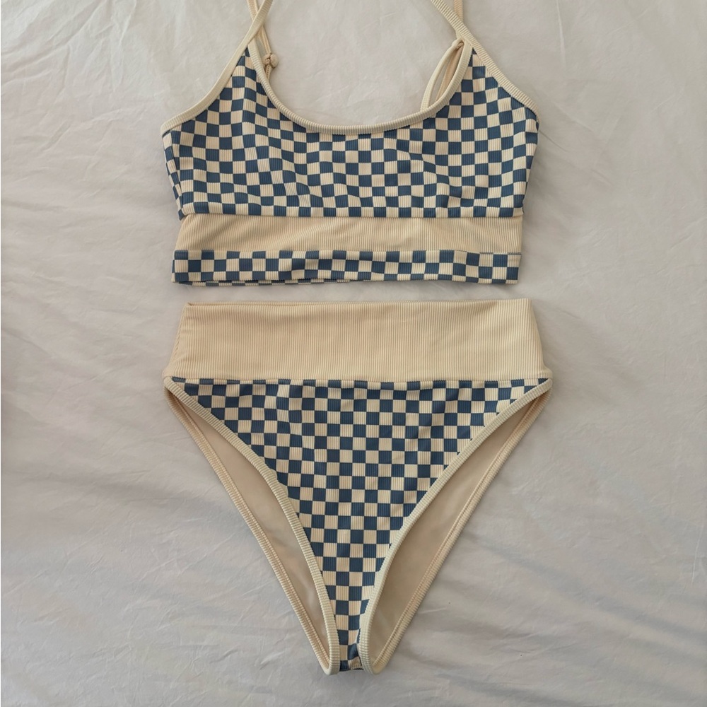 BEACH RIOT Checkered Bikini Set in Blue and Cream NWOT